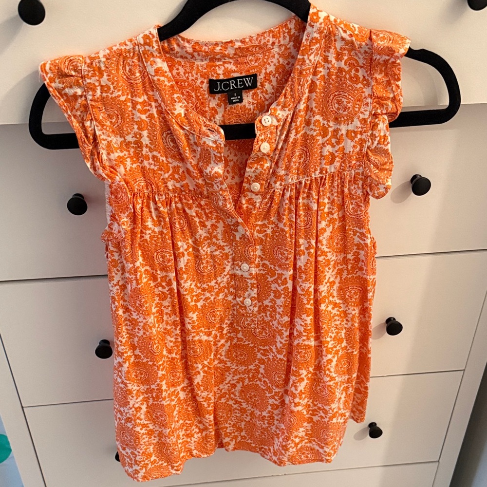 J. Crew Orange Paisley Button-Front Flutter Sleeve Top